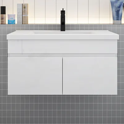 Produktbild von Badmöbel HUTI-Serie 80cm Hochglanz Weiß Keramik Waschtisch mit Unterschrank Hängeschrank Badezimmermöbel mit 2 Türen