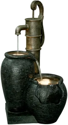 Produktbild von dobar Großer Design Garten-Brunnen mit Pumpe und LEDŽs, Springbrunnen XL mit Zier-Handpumpe für drinnen u. draußen, 47,5x38,5x84 cm, Polyresin