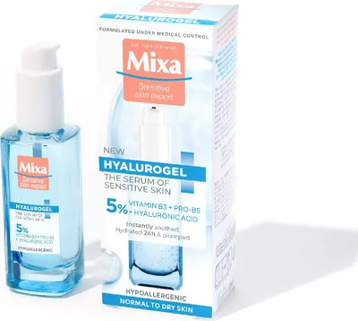 Produktbild von Mixa Hyalurogel Serum 30ml, für empfindliche Haut, mit 5% Vitamin B3, Provitamin B5 & Hyaluronsäure, 24h Feuchtigkeit, schnell einziehend, klebt nicht, hypoallergen & nicht komedogen.
