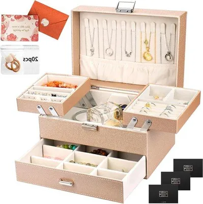 Produktbild von Große Reise-Schmuckbox für Damen - 3 Ebenen - Schmuckfach - Grosse Größe - für Ringe, Armbänder, Ohrringe, Halsketten