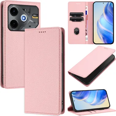 Produktbild von Litchi Leder Handyhülle für Tecno Pova 6 Neo Wallet Kartenfächer Standfunktion Hülle Pink