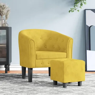 Produktbild von Gelber moderner Clubsessel aus Samt mit Fußhocker, Akzentsessel mit Samtbezug sowie Sperrholz- und Kiefernholzgestell, gepolstert und mit Armlehnen für Wohnzimmer und Büro