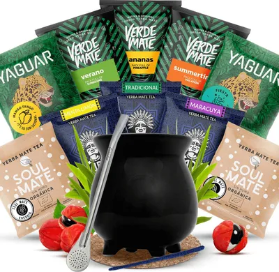 Immagine prodotto di Cebador - Set di tè mate Yerba con 10 campioni da 50 g - Tazza da mate in Vetroceramica da 350 ml, bombilla Mercedes - Perfetto per i principianti