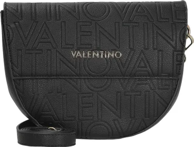 A black Valentino handbag with the brand name embossed all over it.