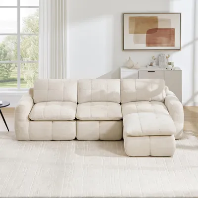Immagine prodotto di Divano modulare a forma di L, con tre posti, rivestito in chenille, imbottitura in schiuma 32D, con poggiapiedi, senza necessità di montaggio (grigio)