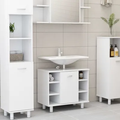 A clean, modern bathroom vanity with storage cabinets and a sink.