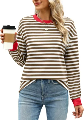Produktbild von ASKSA Damen T-Shirt Rundhals Langarm Shirts Gestreift Basic Elegant Casual Lose Frauen Tunika Oberteile (Braun,2XL)