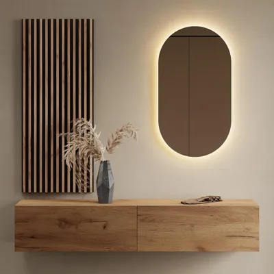 Produktbild von Flurgarderobe 160 cm mit Wandpaneele und Spiegel mit LED-Beleuchtung gold eiche