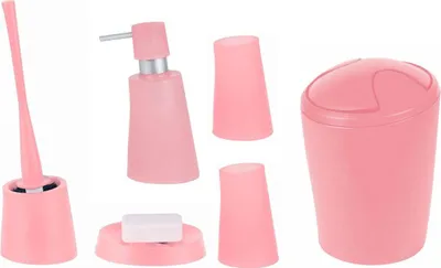 Produktbild von Spirella Badezimmer Set, 6-teiliges Badzubehör Move Seifenspender, WC Bürste, Seifenschale, Kosmetikeimer und Zahnputzbecher Frosty Rosa