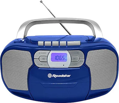 A blue Roadstar boombox with a silver handle and silver speaker grilles, shown against a white background.