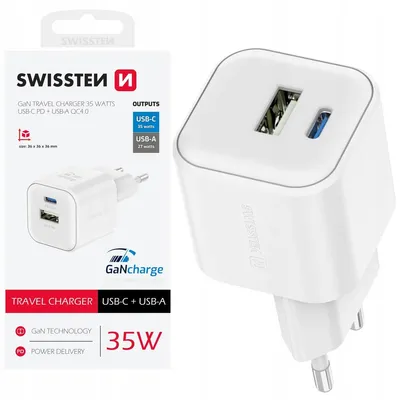 Zdjęcie produktu dla SZYBKA ŁADOWARKA SIECIOWA GaN 1x USB-C 35W PD + 1x USB-A 27W QC Swissten