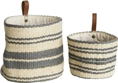 Produktbild von Bloomingville Aufbewahrungskörbe aus Jute, gestreift, nordischer Stil, mit Ledergriffen, Ø10x10cm & Ø16x15cm