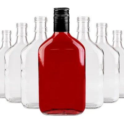 Zdjęcie produktu dla SuperButelki - 50x Butelka szklana piersiówka 350 ml z zakrętką – butelka na nalewki soki, alkohol domowy, butelki, flaszki weselne szkło dla gości