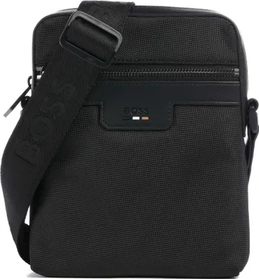 A black BOSS messenger bag is shown against a white background.