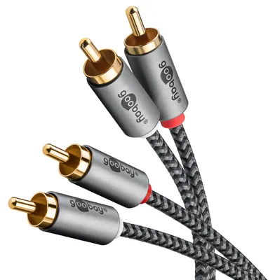 Image de Goobay 65295 Connecteur 1 : 2 x RCA, Sexe du connecteur 1 : Mâle, Connecteur 2 : 2 x RCA, Sexe du connecteur 2 : Mâle, Matériau du câble : Cuivre, Revêtement des contacts de la fiche : Or, Blindage magnétique, Taille du câble AWG : 28, Longueur du câble : 5 m, Couleur du produit : Gris (65295)