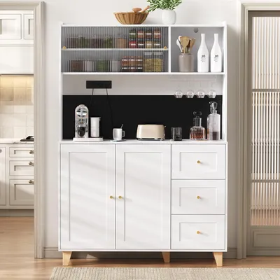 Produktbild von Buffetschrank Hochschrank mit Steckdosen & USB Barschrank Anrichte mit Glashalter & Lochplatte Küchenschrank Modern Weiß Gold 120 x 40 x 184 cm