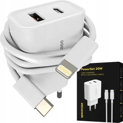 Zdjęcie produktu dla Szybka ładowarka USB-C USB sieciowa 20W + kabel do iphone SPACECASE PowerSet Charger 20W with Lightning Biały