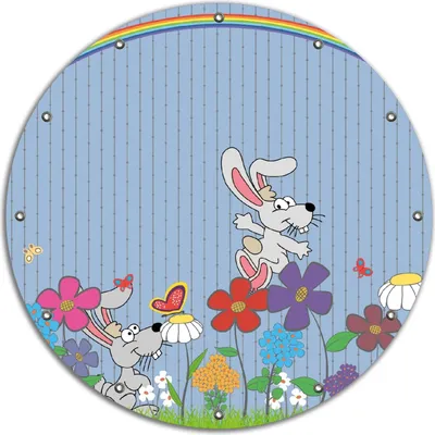 Produktbild von Wallario rundes Outdoor-Poster für Garten oder Balkon, Motiv Süße Hasen unter einem Regenbogen, 90 cm Durchmesser