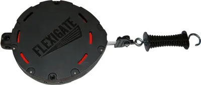 A black electric fence gate winder with a red accent and a black handle with a metal hook.