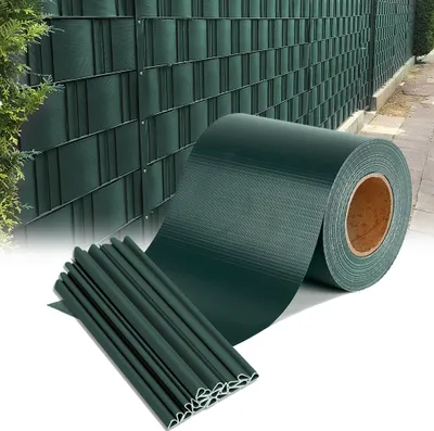 Obrázok produktu pre LZQ 70m x 19cm PVC Privacy Strip Privacy Foil Double Bar Mesh with 40 Fixing Clips Privacy Mat Green