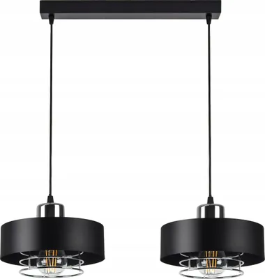 A product shot of a black and chrome pendant light fixture with two lamps.