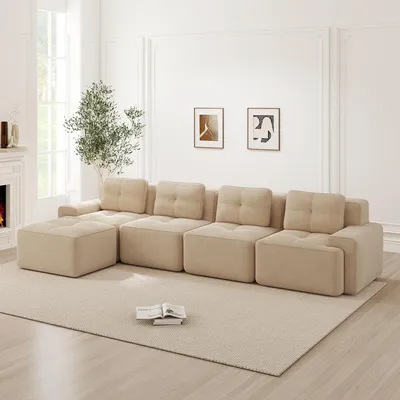 Zdjęcie produktu dla Sofa modułowa „Cloud” z tkaniny sztruksowej, w kształcie litery L, bezramowa, 4-osobowa, z głębokim siedziskiem, 382 x 177 x 69 cm, beżowa