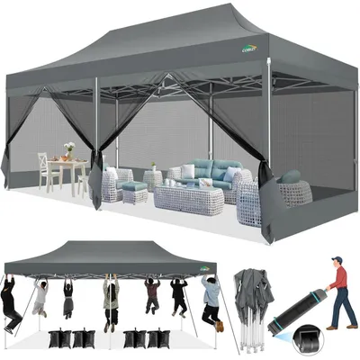 Productafbeelding van Paviljoen, 3x6 meter, waterdicht, met UV-bescherming, grijs, met 6 gaaswandpanelen