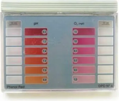 A close-up view of a water testing kit with color comparison charts for pH and oxygen levels.