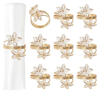 Serviettenringe, 10 Stück, gold, Blüten-Design, Metall