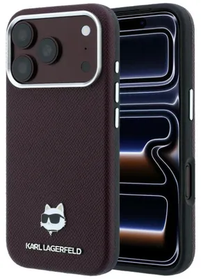 Immagine prodotto di Custodia per iPhone 18 Pro / 17 Pro, Karl Lagerfeld, motivo "Choupette" in metallo con tecnologia MagSafe, colore bordeaux
