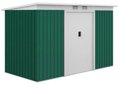 Image de Abri de jardin Outsunny, porte coulissante, fenêtre d'aération, toit en appentis, acier résistant aux intempéries, vert foncé, 280 x 130 x 172 cm