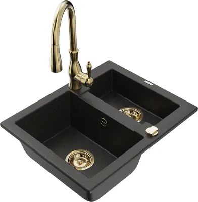 Produktbild von Mexen Carlos 1,5-Becken-Granitspüle mit Mischbatterie Savita, Schwarz/Gold metallisch - 6518-75-672601-50