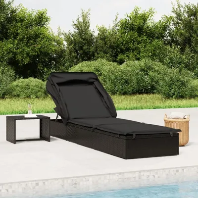 Produktbild von The Living Store Sonnenliege mit Faltdach Schwarz 213x63x97 cm Poly Rattan