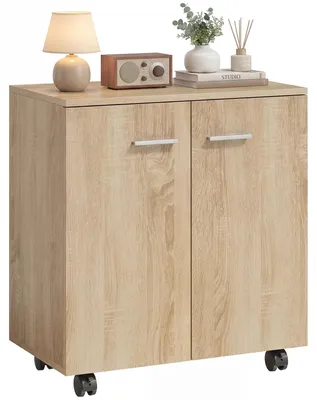 Image de Buffet sur roulettes - Armoire pour salon - 2 portes et étagères - 60x35x65 cm - Bois naturel