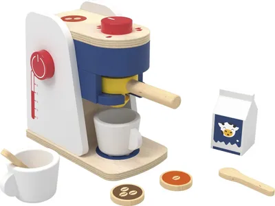 Produktbild von Playtive Küchenspielzeug Echtholz Küchengeräte Holzspielzeug für Rollenspiele Kaffeemaschine-Set