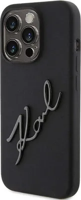 A black iPhone case with a gray Karl Lagerfeld script logo.