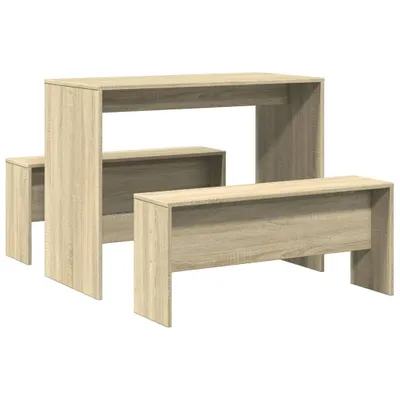 A dining table and bench set is shown against a white background.