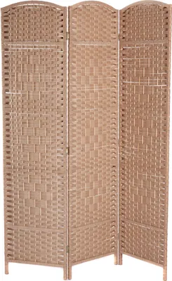 A three-panel room divider made of woven material.