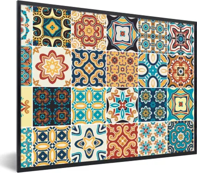 Produktbild von MuchoWow® Gerahmtes Poster Blumen - Vintage - Muster - Blau - Orange 40x30 cm - Poster mit Schwarzem Bilderrahmen Wandposter Rahmen Foto Bilder - Kunstposter - Wanddekorationen