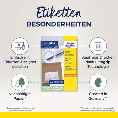 Produktbild von Avery Zweckform 6138 Universal-Etiketten, A4 mit ultragrip, 105 x 74 mm, 240 Etiketten/30 Bogen, weiß