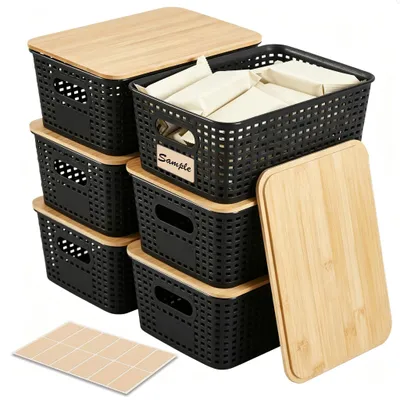 6er-Set Aufbewahrungsboxen mit Bambusdeckel, schwarz, 25,6x18x10,7 cm