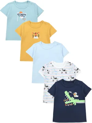 Produktbild von TupTam Baby Jungen Kurzarm T-Shirt mit Aufdruck Unifarben Sterne Streifen 5er Set, Farbe: Krokodil Dunkelblau Tiger Senfgelb Zebra Blau, Größe: 86