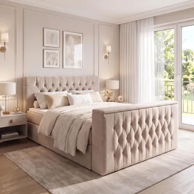 Produktbild von ELVORA DESIGNE Boxspringbett 180x200 cm HALO mit Bonellmatratze H3 & Topper, Bettkasten, Hellbraun