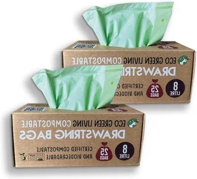 Obrázek produktu pro Kompostovatelné vložky do odpadkových košů se stahovací šňůrkou - Vhodné pro odpad z kanceláří, koupelen a ložnic - 8 litrů 2 kusy