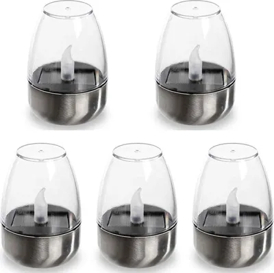 Five solar-powered tea lights with a flickering flame effect, arranged in two rows on a white background.