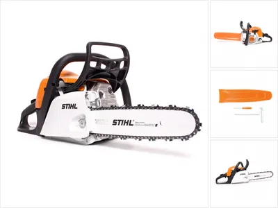 A Stihl chainsaw is displayed on a white background, with smaller inset images showing different views and accessories.