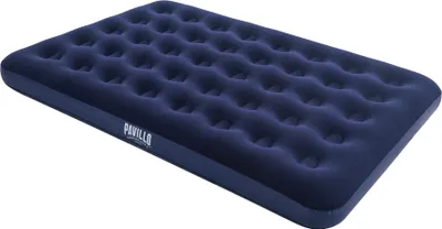 A dark blue inflatable mattress is shown against a white background.