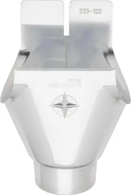 A silver-colored metal downspout connector with a brand logo and model number visible.