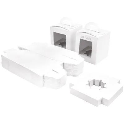 Produktbild von Belle Vous 50Stk Weiße Geschenkboxen Pappe Karton mit Sichtfenster und Griff für Gebäck 9,39 x 9,39 x 10,66cm Karton mit Fenster – Cupcake Geschenkbox