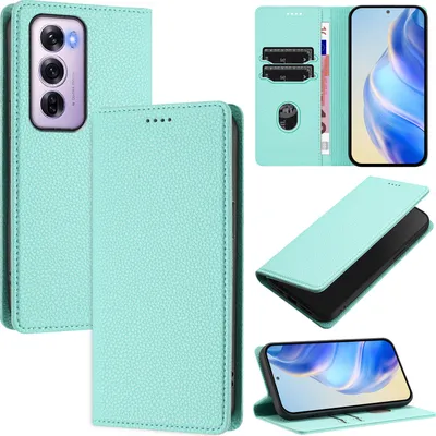 Produktbild von Litchi Leder Handyhülle für Oppo Reno12 Pro Wallet Kartenfächer Standfunktion Hülle Türkis
